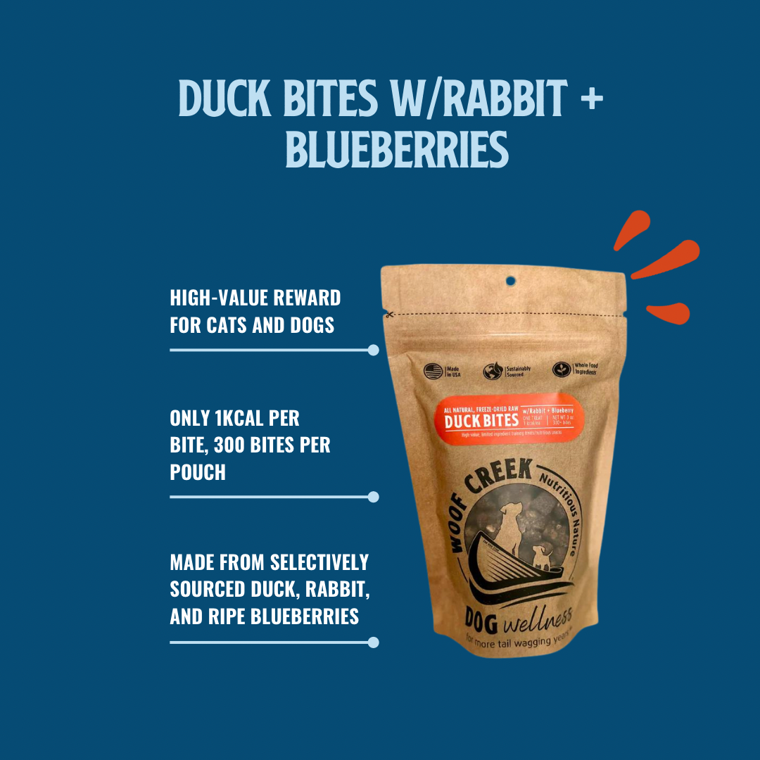 Natural Duck Bites w/Rabbit + Blueberries | 300-Treat 3oz Pouch for Dogs + Cats