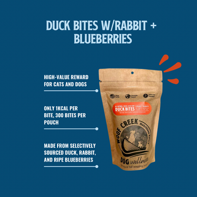 Natural Duck Bites w/Rabbit + Blueberries | 300-Treat 3oz Pouch for Dogs + Cats