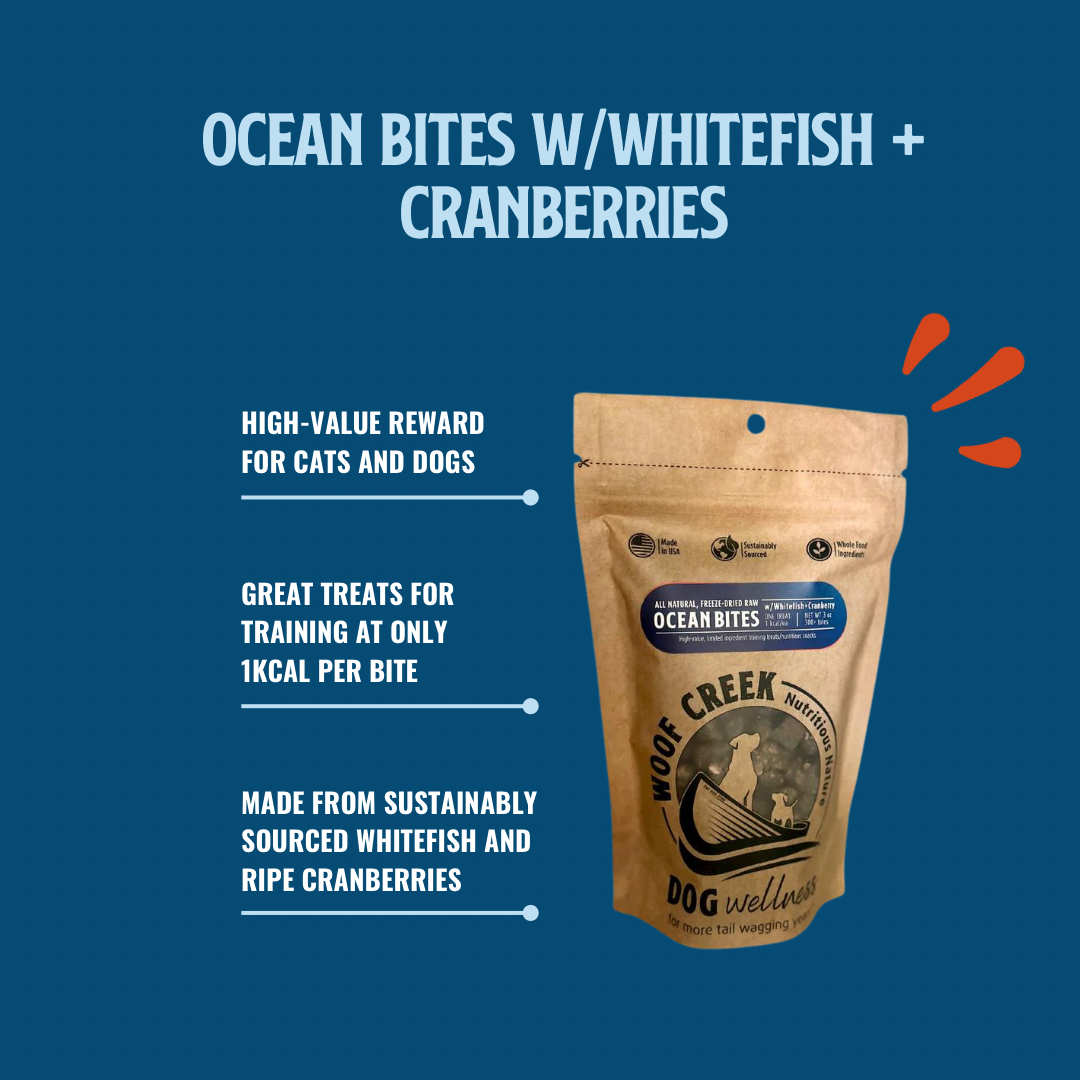 Natural Ocean Bites w/Whitefish + Cranberries | 50-Treat .5oz Sampler Pouch for Dogs + Cats