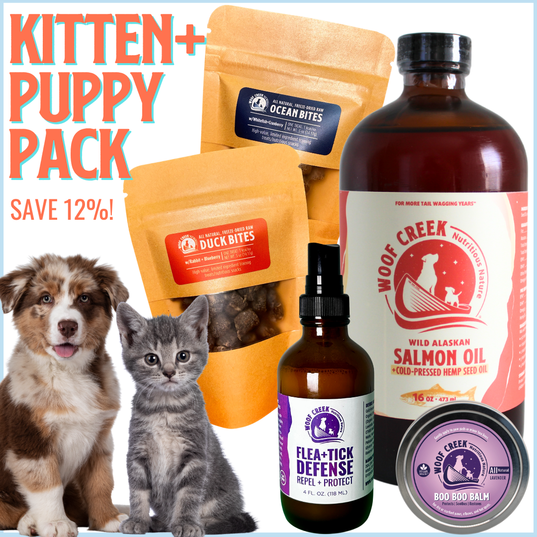 Kitten + Puppy Pack | Natural Treats, Flea + Tick Defense + Lick-safe Balm + Omega-3